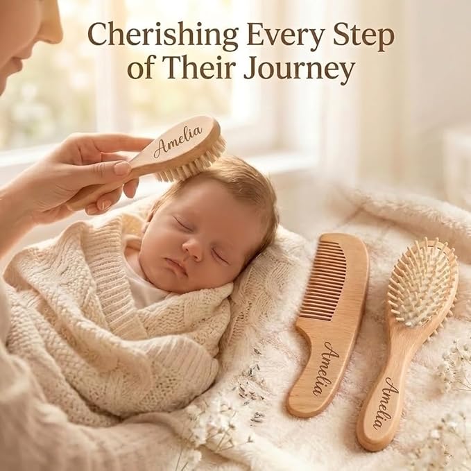 3Pcs Personalized Wooden Baby Hair Brush and Comb Bristles,Custom Newborn Soft Hair Baby Gift