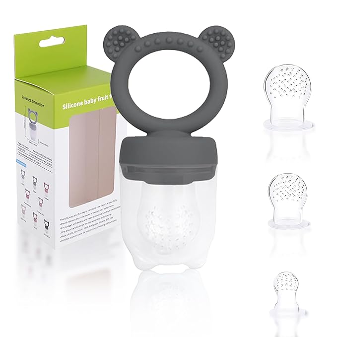 JEXFUN Baby Fruit Food Feeder Pacifier | Silicone Feeder and Teether for Infant Safely Self Feeding | Baby Teething Relief Toy Teether | Includes Additional Silicone Sacs, BPA Free (Dark Grey)