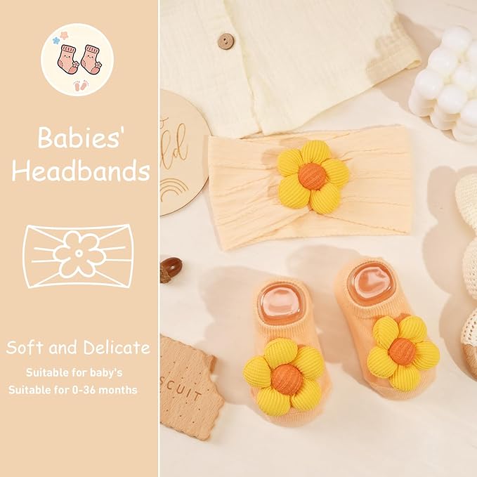 CÉLLOT Baby Girl Headband and Socks, Non-Slip Floral Socks and Soft Floral Nylon Hairbands for Babies Infants and Toddlers (Salmon+Yellow+Green)