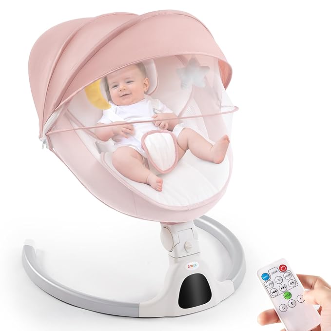 Jaoul Baby Swing for Infants - Electric Portable Newborn Bouncer, Timing Function, 5 Speeds, 3 Seat Positions for Boys and Girls (Pink)