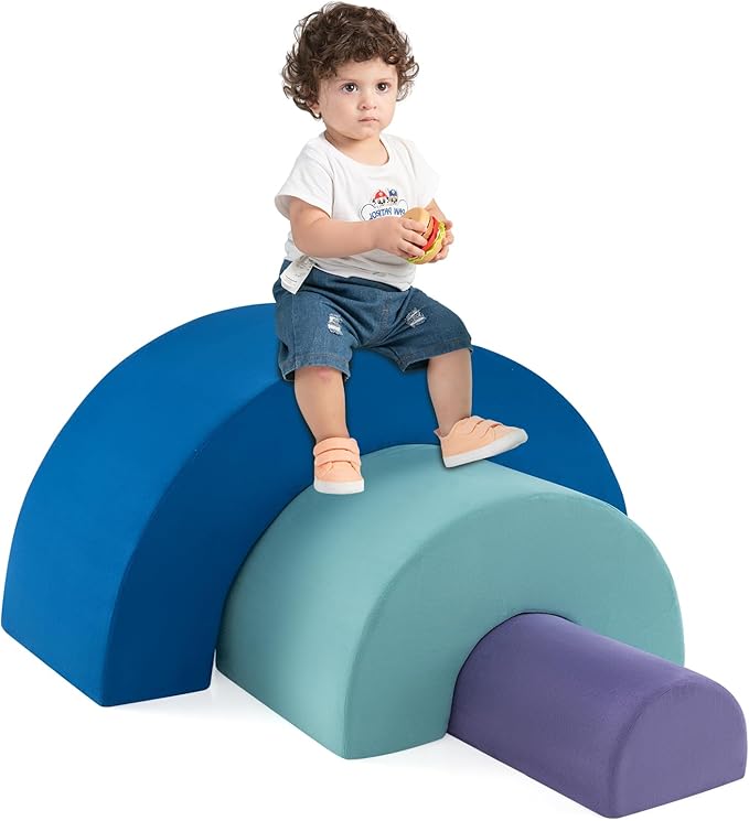 Costzon Rainbow Toddler Climbing Toys Indoor, 3 Pieces Soft Foam Blocks w/Skin-Friendly Suede Fabric Cover, Elastic Sponge Fillings & Smooth Zippers for Crawling Playing, Climbing Blocks for Kids 3+