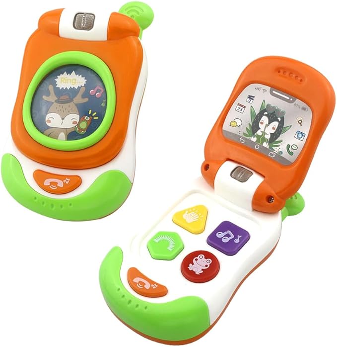 Baby Cell Phone Toy with musicial and Light, Flip Phone Educational Toddler Toys (Orange)