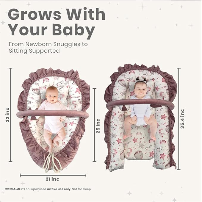 Newborn Lounger Pink - Flexible & Portable w/Infant Support Cushion, Soft & Breathable 100% Cotton - Multi-Use Supervised Baby Lounger for Floor, Travel, Changing Mat Alternative - Premium
