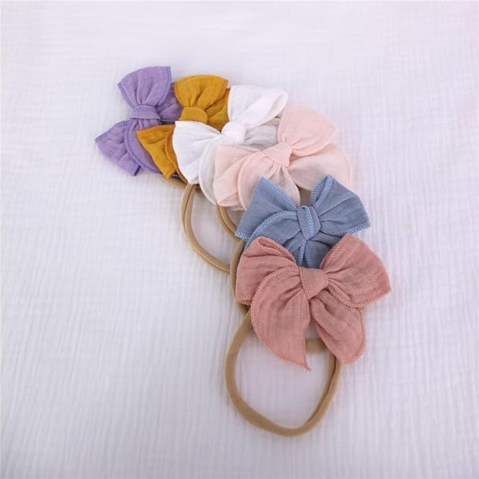 Sugarmelon Original Cotton Gauze Headband for Newborn Toddler Infant Baby Girl Kids Muslin Cotton Hair Bow Headbands Turban Elastic Hair Bands (6 pcs Bow Nylon Headband)