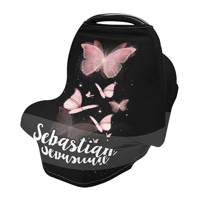 Personalized Baby Car Seat Cover for Babies, Custom Name Baby Car Seats Canopy for Girls, Nursing Breastfeeding Stroller Covers for Infant Newborn, Shower Gift for Baby (Pink Butterfly)
