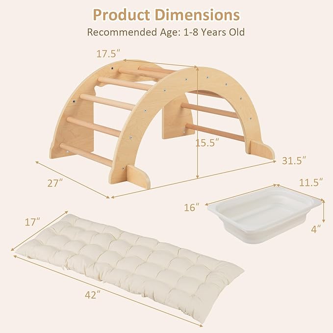 INFANS Wooden Arch Climber Rocker with Soft Cushion, 6 in 1 Montessori Climbing Toys for Toddlers, Waldorf Indoor Table Baby Children Ladder Gym Learning Playset Gift for Kids Boys Girls (Natural)