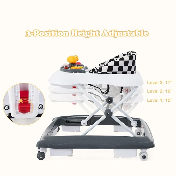INFANS Foldable Baby Walker, 3 in 1 Toddler Walker Leaning-Seated Walk-Behind with Removable Music Tray, Adjustable Height, Washable Seat Cushion for Boys and Girls (Checkerboard)