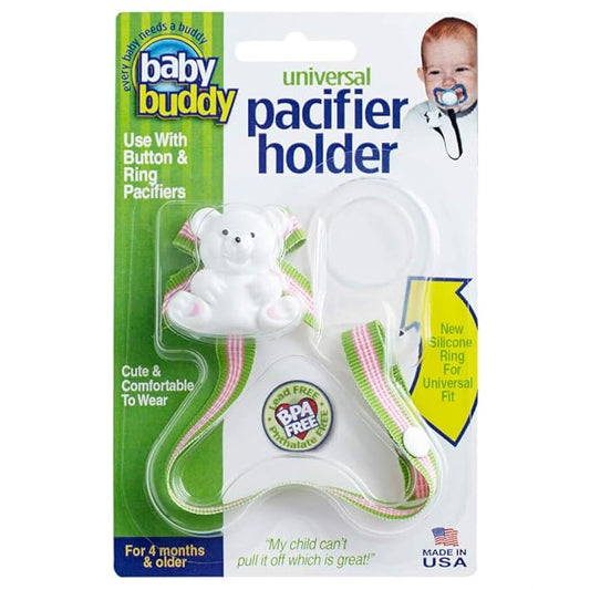 Baby Buddy Pacifier Clip Holder, Newborn Essential with Universal Fit for All Binky and Teether Brands, Ages 4+ Months, Multicolor, 1 Pack