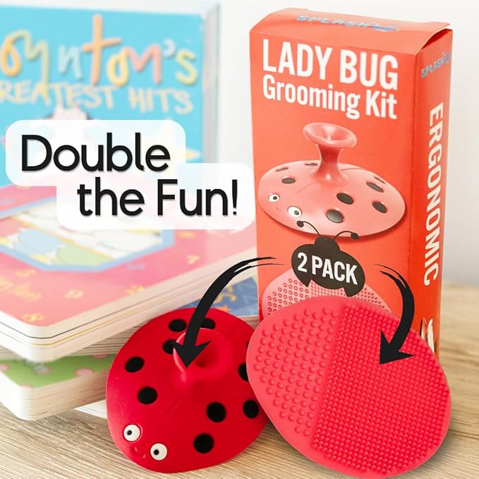 SplashEZ Cradle Cap Brush for Babies | Soothing Newborn Head Massager | Food-Grade Soft Silicone Baby Bath Brush & Scalp Scrubber | Infant Cradle Cap Comb - Organic Shape & Ladybug Design, 2-Pack