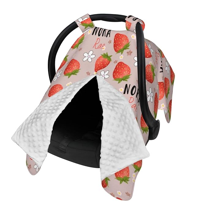 Personalized Baby Car Seat Canopy with Name – Custom Strawberry Minky Nursing Cover for Boys & Girls, Soft Stroller Cover for Infants & Newborns, Carseat Canopy for Breastfeeding