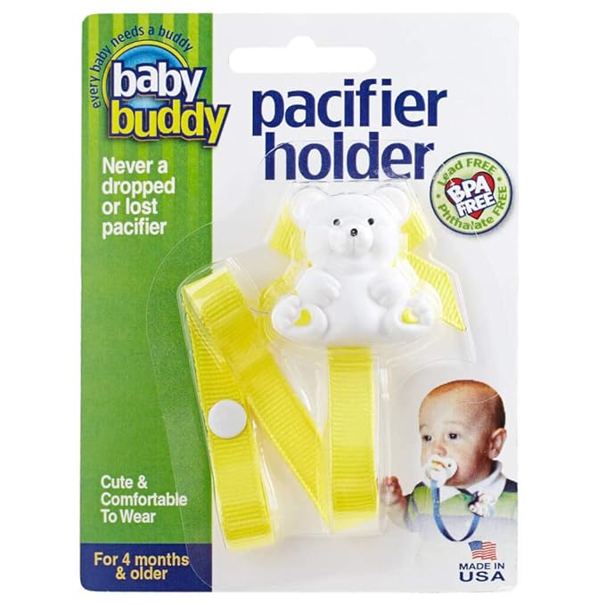 Baby Buddy Pacifier Clip Holder, Newborn Essential with Universal Fit for All Binky and Teether Brands, Ages 4+ Months, Yellow, 1 Pack
