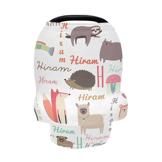 Personalized Baby Car Seat Cover with Name, Customized Multi Use Nursing Cover Breastfeeding Covers, Stroller Sun Shade Cover Canopy, Shower Gifts for Newborn Girl Boy, Cartoon Animal