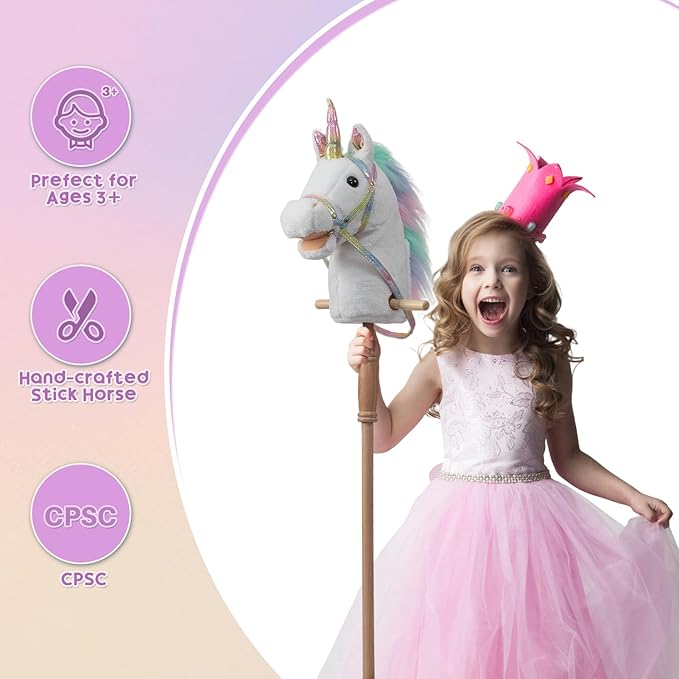 HollyHOME Unicorn Stick Horse with Wood Wheels Real Pony Neighing and Galloping Sounds Unicorn Hobby Horse with Rainbow Glitter Bridle, White 36 Inches(AA Batteries Required)