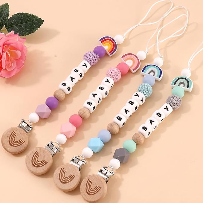 Rainbow Pacifier Chain, Rainbow Pacifier Clip Gift for Baptism or Birth, Newborn with Silicone Letter (Grey)