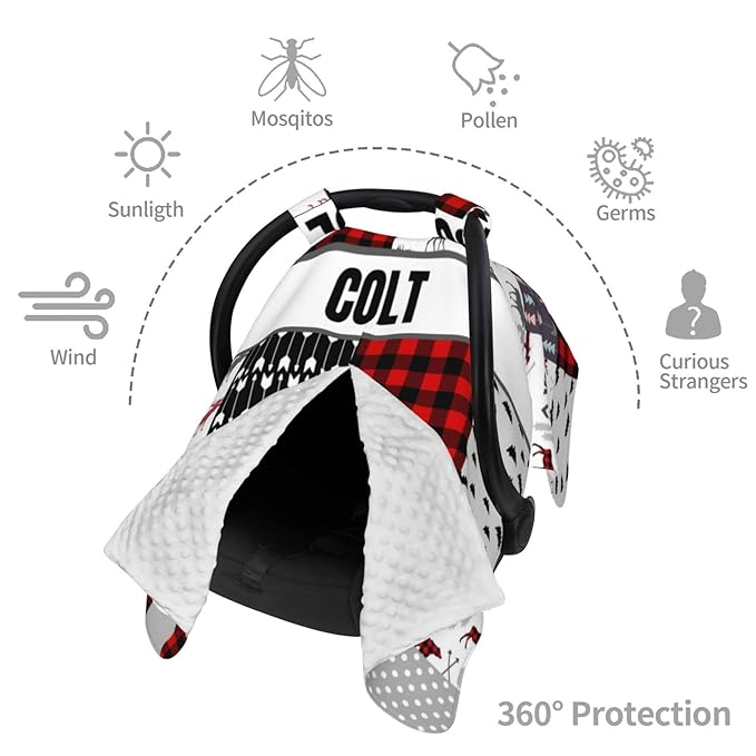 Personalized Baby Car Seat Canopy for Babies, Custom Name Car Seat Covers for Boys and Girls, Opening Minky Nursing Breastfeeding Cover for Infant, Carseat Canopies for Newborn (Deer Red Plaid)