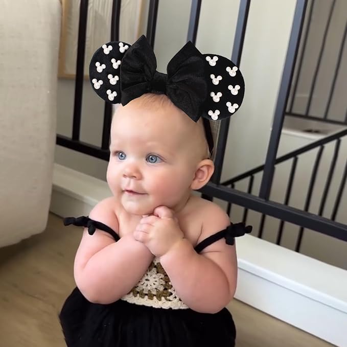JIAHANG Adjustable Black Mouse Ear Velvet Bow Elastic Headband with Beadings, Fashion Hair Band for Baby Girls Infant Toddlers, Kids