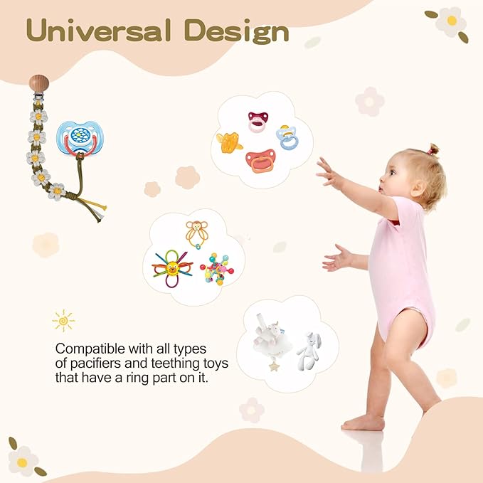 Braided Pacifier Clip for Boys Baby Girls Floral Daisy Macrame Paci Clip Boho Wooden Clips Handmade Cotton Binky Clips Baby Shower Birthday Gift