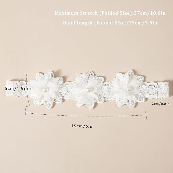 Baby Girls Hairband White Bow Lace Headbands Handmade Soft Stretchy Wide Head Band Newborn Hairbands with Bows Pearls Elastic Headband for Infant Hair Accessories（Three White Flowers）