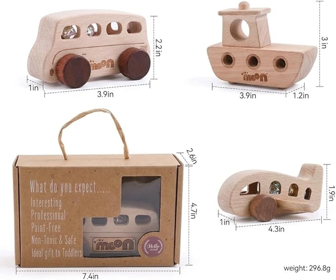 Wooden Toys for 1 Year Old – Montessori Baby Toy Set with Bus, Airplane & Boat – Minimalist Nursery Decor & Teething Safe Infant Toys for Boys and Girls – 3 Piece Ergo-Fit Set