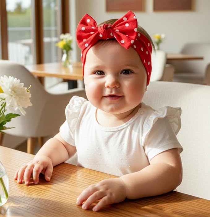 Baby Girl Headbands 0–6 Months – Newborn Infant Soft Cotton Handmade Bow Headband, Stretchy No Mark Baby Hair Accessories (Red with White Polka Dots, 0-6 Month)