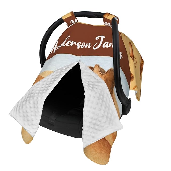 Custom Name Cowboy Baby Car Seat Canopy – Opening Minky Nursing Cover with Name, Personalized Infant Carseat & Stroller Cover for Newborn Baby Boys Gift