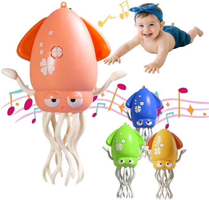 Interactive Dancing Squid Toy - Smart Obstacle-Dodging, USB Rechargeable LED Lights & Music, Sensory Tummy Time Toy for Toddlers (Pink)