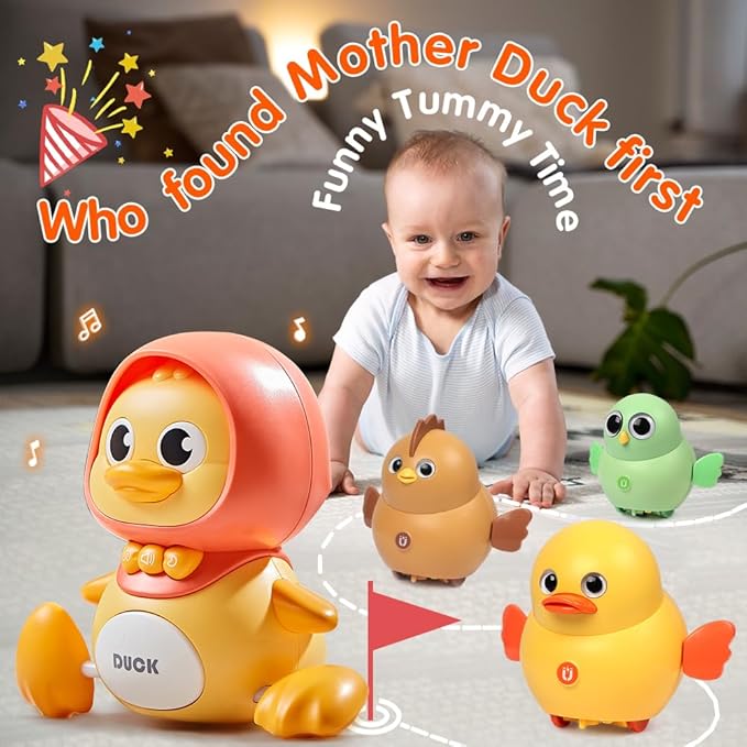 4 Pcs Baby Toys Musical Duck Crawling Baby Toys Set with Music & Light, Early Learning Educational Toy for Babies Birthday Toy for Boys Girls (Yellow)