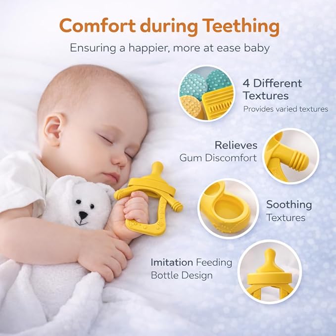 Baby Silicone Teething Ring Teether Gift Set for Boys and Girls Over 3 Months Soothes Gums Fits Small Hands Ergonomic Design Set of 4 Toys Ideal Gift Box BPA Free