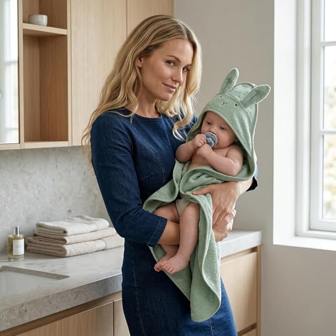 Hooded Baby Towels - Organic Cotton Baby Bath Towels, 32" x 32" Super-Soft and Absorbent Baby Towels for Newborn 2-Pack (TW Bear Fog/R. Roman Green)