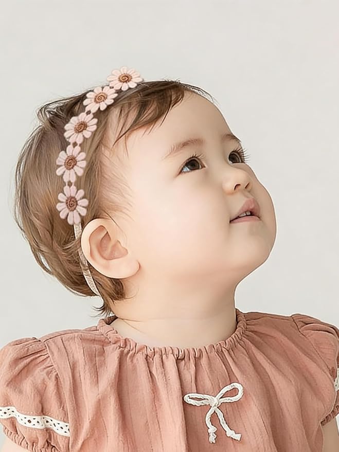 Baby Girls Flower Crown Headband Lace Handmade Floral Headbands Soft Elastic Band Daisy Hairband Newborn Infant Toddler Kids for Christening Baptism Birthday Party (Pink, Daisy)