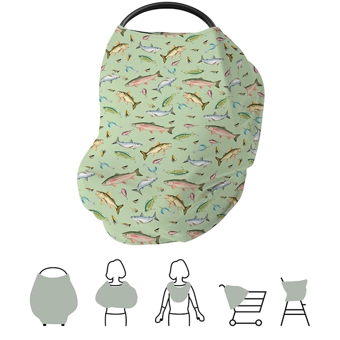 Fishing Baby Car Seat Covers Freshwater Fishes Lures Stretchy 5-in-1 Cover Adjustable Infant Carseat Canopy Cover Lake Outdoors Fishing Lovers Gift Breathable Nursing Cover-Up