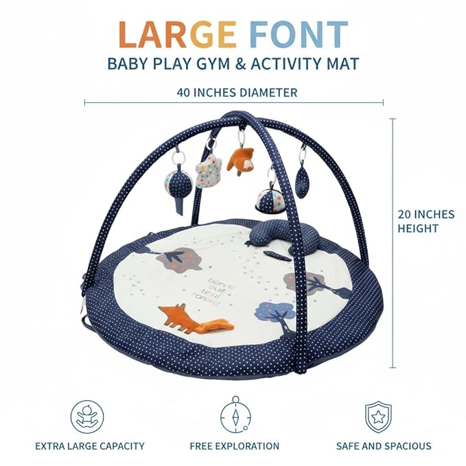 Baby Play Gym Mat,Tummy Time Mat - 100% Cotton Soft Playmat with 6 Detachable Toys for Tummy Time,Machine Washable,Sensory Development Gift（Little Fox）