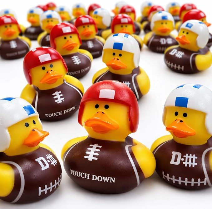 GIFTEXPRESS 24 Pack Football Rubber Duckies, 2 Inch Mini Sports Theme Ducks with Helmets, Assorted Styles, Touchdown Bath Toys for Game Day, Football Party Favors, Classroom Prizes