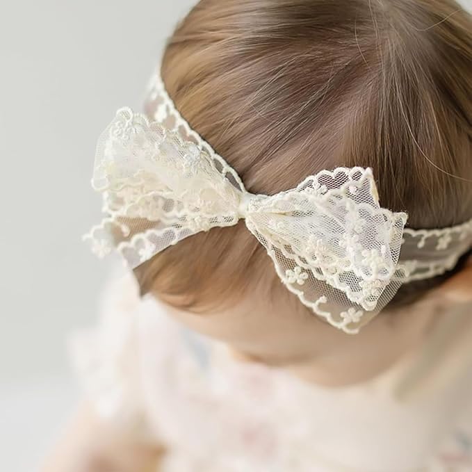 Baby Girls Bow Lace Headband Cute Soft Hairband White Butterfly Knot Headbands for Newborn Infants Toddlers Kids Christening Baptism Birthday Party Hair Accessories（Beige）