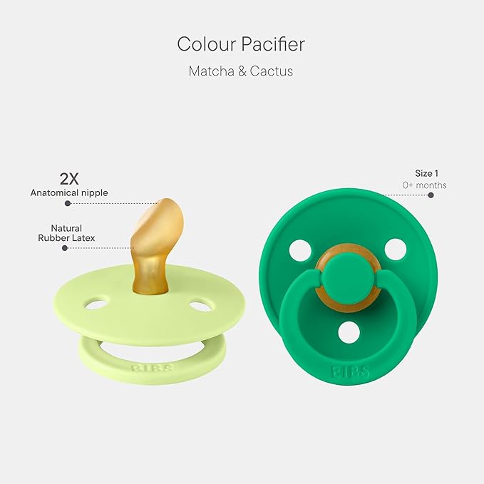 BIBS Colour Anatomical Soother 2-Pack, BPA Free Dummy Pacifier, Orthodontic Nipple. Natural Rubber Latex, Made in Denmark, Size 1 (0-6 Months), Matcha/Cactus