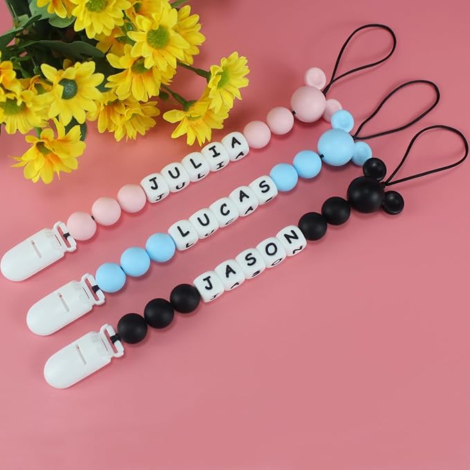 Personalized Pacifier Clip with Name, Customized Pacifier Clip with Name for Baby, Pacifier Holder with Cute Mouse Head