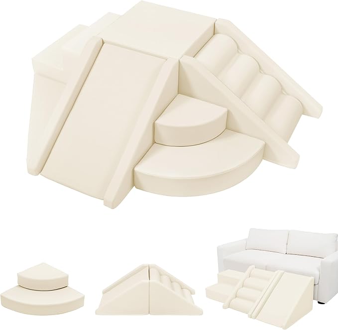 Merax Indoor Climbing Toys for Toddlers, 9-Piece Foam Climbing Blocks Climb & Crawl Tunnel Soft Play Set (9-Piece Cream)