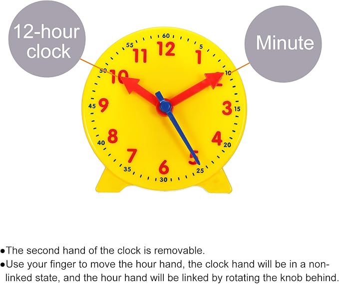 PATIKIL 4 inch Teaching Clock, Learn Clock Learning Tell Time Analog Clock Demonstration Clock 12 Hour 3 Pointers Geared Movement for Classroom Teacher, Yellow