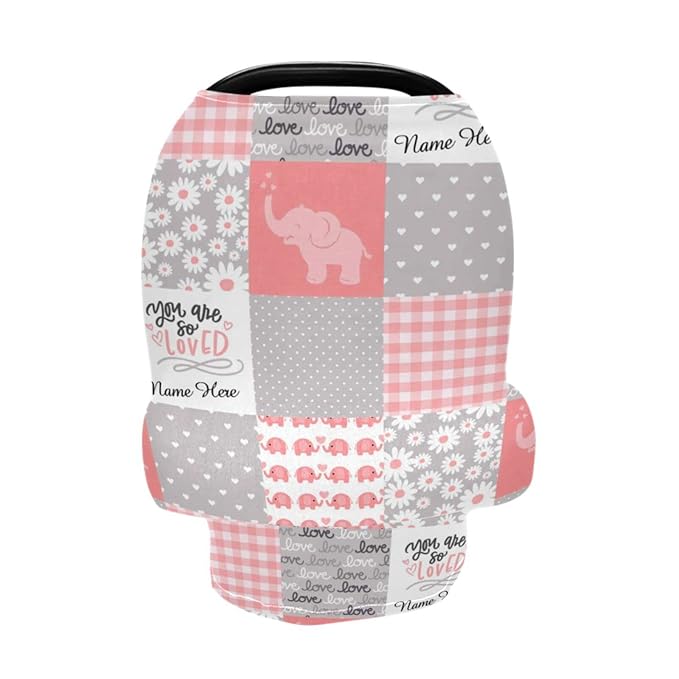 Personalized Baby Car Seat Cover for Boys Girls, Custom Nursing Covers for Breastfeeding with Name, Infant Stroller Cover, Baby Carseat Canopy for Newborn, Multiuse Car Seat Canopies, Elephant Pink
