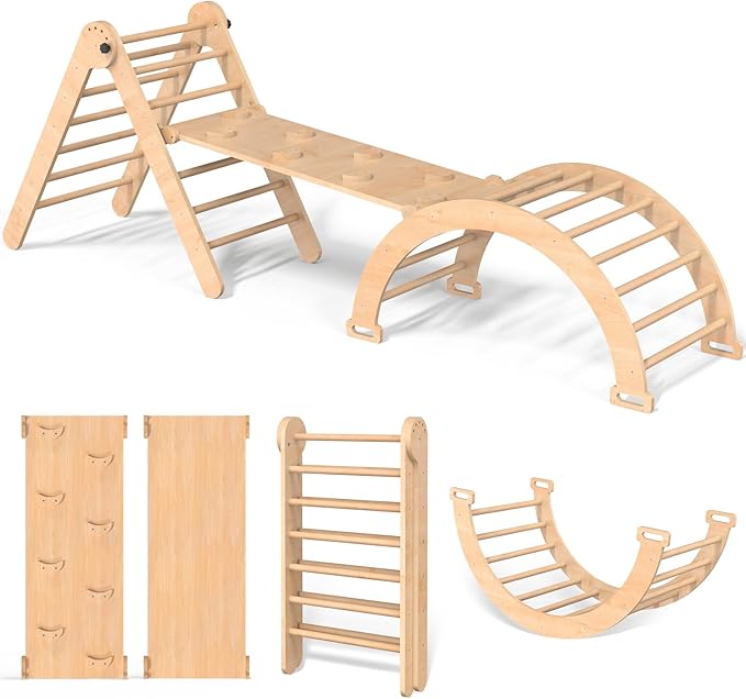 5 in 1 Montessori Pikler Triangle Climbing Set, Large Indoor Foldable Wooden Baby Climbing Gym Climber with Arch Slide for Toddler 1-3