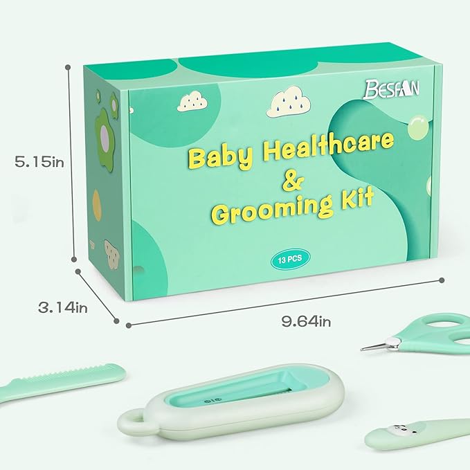 Baby Healthcare and Grooming Kit - Nursery Essentials Baby Registry Shower Gift for Newborns Infants Toddlers Boys Girls 13pcs - Green