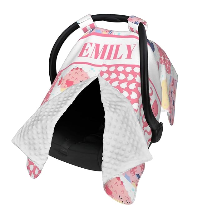 Personalized Minky Car Seat Canopy for Girl Boy, Custom Name Stroller Car Seat Covers Cover for Infant Newborn Shower Gift, Nursing Opening Carseat Cover for Breastfeeding, Ocean Theme Pink