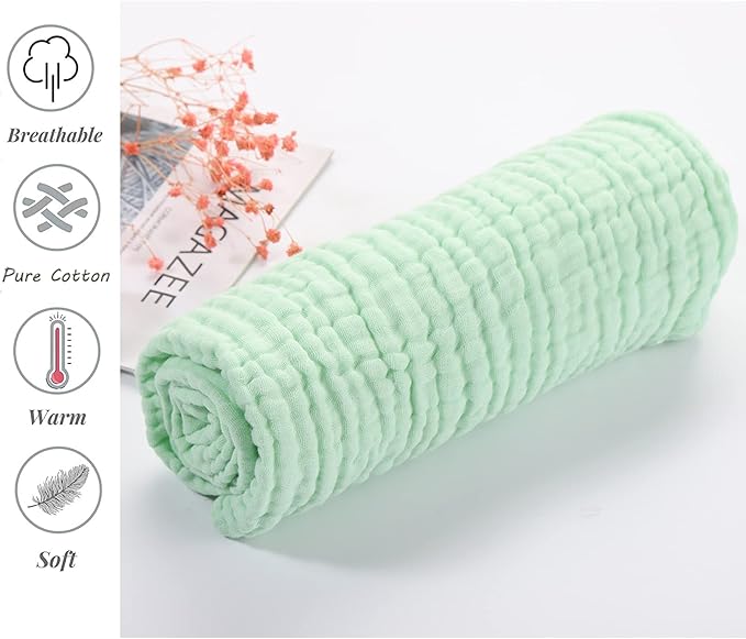 YEBON ProC 2Pcs Baby Muslin Bath Towels, Super Soft Cotton Bath Towel 6 Layers Infant Newborn Swaddle Blanket 41.3 X41.3 Inches,Baby Registry as Shower (Green)