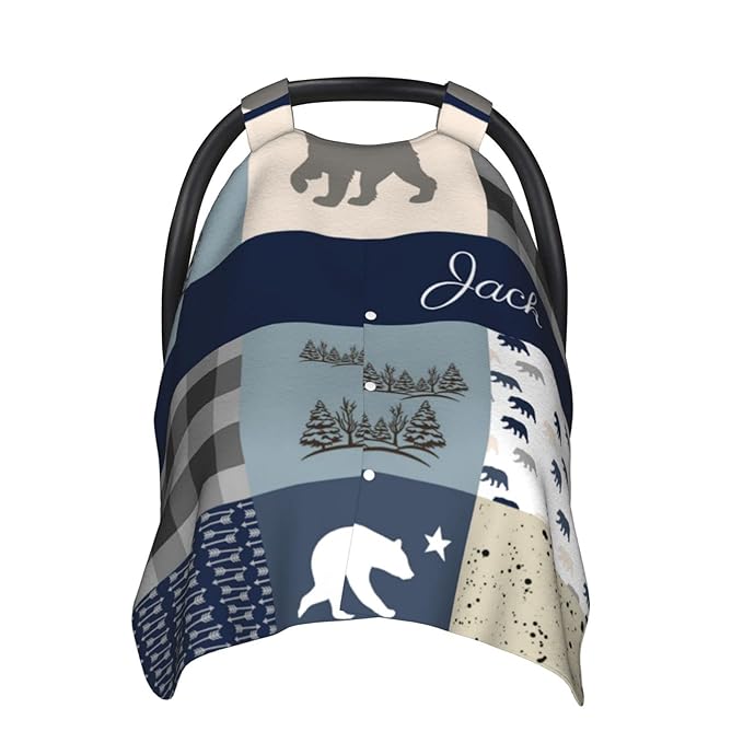 Personalized Woodland Bear Baby Car Seat Canopy for Babies with Name, Custom Blue Baby Car Seat Covers for Boys, Opening Minky Nursing Breastfeeding Cover Infant Carseat Canopies for Newborn