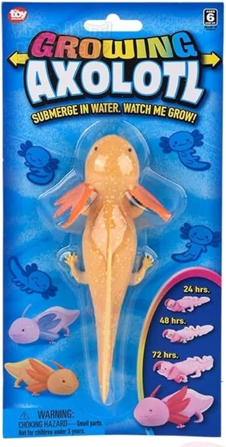 Growing Axolotl Water Toy, Grows from 6 to 12 Inches - Individual Blister Card, 4 Assorted Colors, Bath Science Fun (Yellow)
