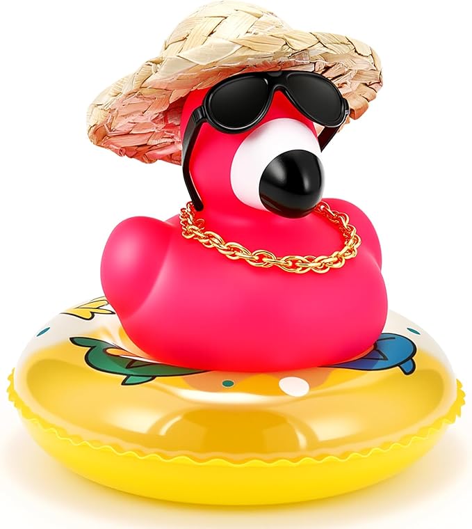 Sotiff Rubber Flamingo Pink Flamingo Rubber Ducks Squeaky Mini Ducks with Mini Cowboy Hats Swim Ring Gold Chain and Sunglasses for Car Decor Summer Birthday Swimming Party Gift Favor (Classic)
