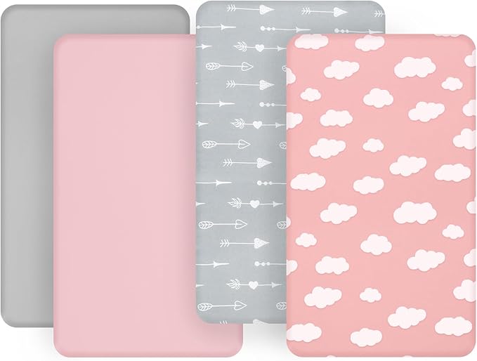 4 Pack Pack and Play Fitted Sheets, 24" x 42" Compatible with Guava Lotus Travel Crib and Other Travel Light Playard Mattress, Ultra Soft and Skin-Friendly, Pink Cloud