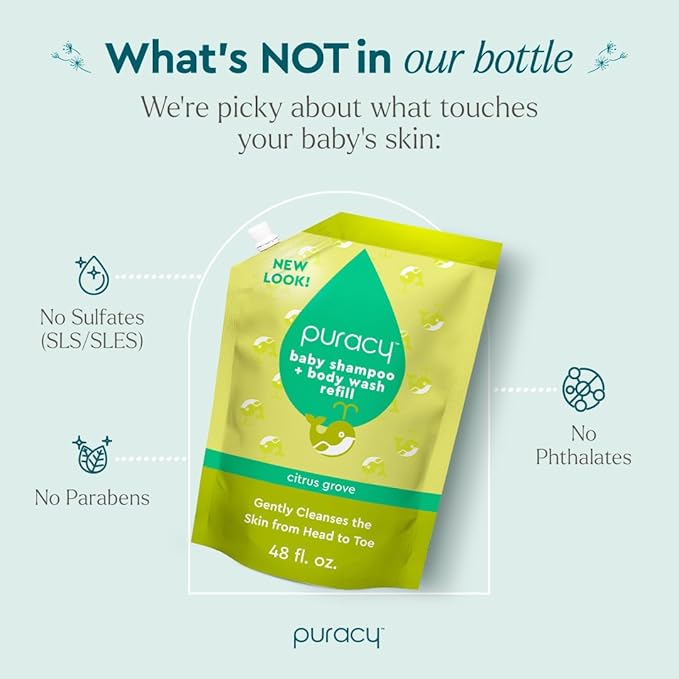 Puracy Shampoo & Body Wash for Children - Perfect Skin, Pure Ingredients - with 12 Fruit & Vegetable Extracts for Silky Smooth Skin, Gentle Citrus Grove Aromas, 98.8% from Mother Nature 48 Oz