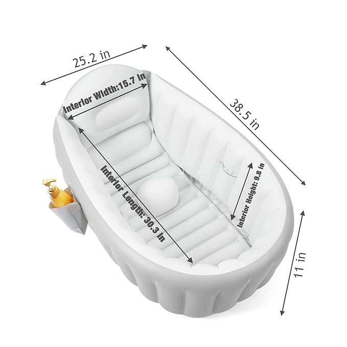 PandaEar Inflatable Baby Bathtub with Air Pump, Non-Slip Soft Cushion Bathing Tub for Toddlers & Infants (0-36 Months), Collapsible Travel-Friendly Blow Up Pool with Side Pocket & Backrest (Gray)