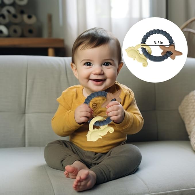 Silicone Teething Ring Toy, Baby Teether Toys with Rattles, BPA Free Sensory Chew Toys for Babies 3-6-12 Months to Soothe Sore Gums, Great Shower, Christmas Gift(Dark Grey 2)